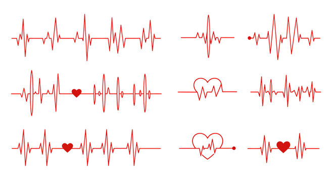 A diverse set of red heartbeat lines and electrocardiogram waveforms, some incorporating small heart symbols, illustrating vital signs and medical health.