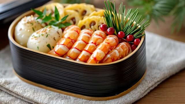 Rotating japanese bento box display with sushi, eggs, and vegetables