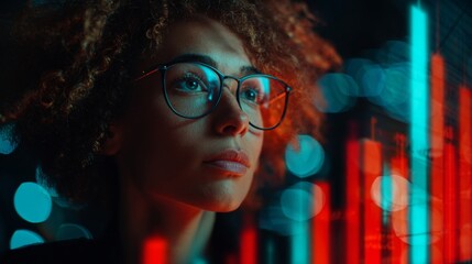 Digital curiosity: a modern woman in a futuristic tech space. Market volatility. Young woman engrossed in digital holographic data analysis. Risk management. Financial planning.