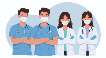 A confident and diverse team of medical professionals, including doctors and nurses, stands together wearing face masks in this clean vector illustration.