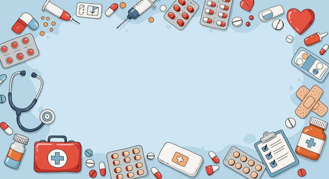 A charming hand-drawn vector illustration frame filled with medical supplies like pills, capsules, bandages, and a stethoscope on a light blue background.