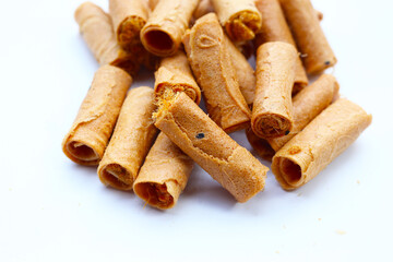 Rolled crispy wafers filled with shredded pork floss, Thai snack.