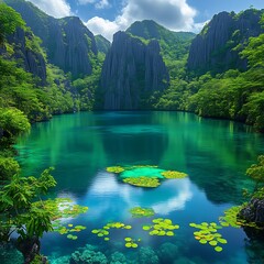 Serene turquoise lagoon nestled within a lush, mountainous landscape