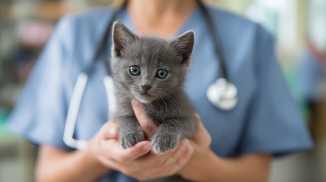 Caring veterinarian holds a grey kitten during a gentle health check in a clinic setting