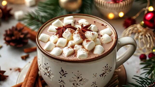Cozy Cocoa Delight: A warm cup of cocoa, adorned with fluffy marshmallows and a dusting of cocoa, sits amidst festive holiday decorations, evoking feelings of comfort and joy.