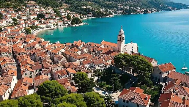 Animated aerial pan of the historic coastal town of Bol on Brač island, Croatia, with red roofs and turquoise Adriatic Sea.