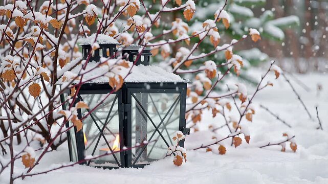 vintage lantern glowing in snowy winter landscape - looping animation | christmas, holiday, winter, mood, ambiance theme