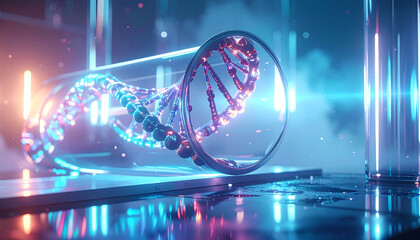 Decoding Life's Code: A stunning visualization of a DNA strand within a glass vial, illuminated with neon lights, symbolizing the essence of science and genetic research.