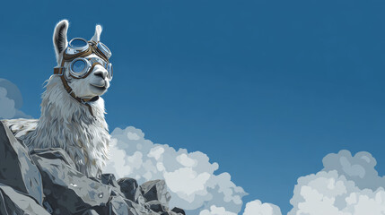 Llama wearing pilot goggles on mountain peak
