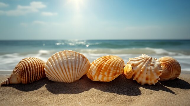Several seashells on a sandy beach, sunlit