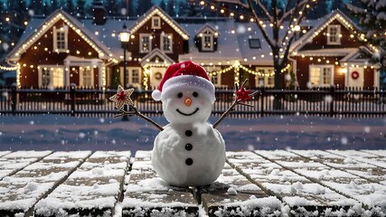 charming snowman decoration with santa hat in cozy winter christmas scene | christmas, winter, holiday, festive, celebration theme - Powered by Adobe