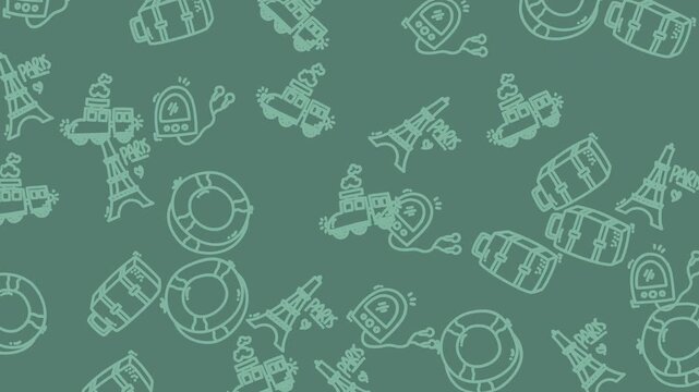 Seamless Pattern of Travel and Vacation Elements on a Green Background.