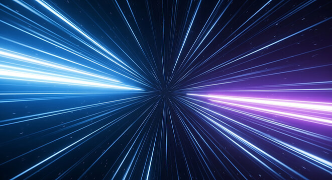 Abstract hyperdrive stream of blue and purple light streaks in space, accelerating through the universe