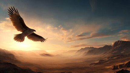 Naklejka premium Eagle flying freely above desert mountains at sunset