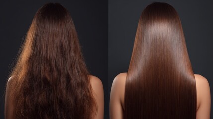 Transformation of hair texture from wavy to sleek in a professional styling session at a salon
