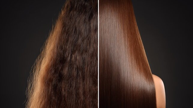 Transformative hair styling demonstration showcasing curly and straight hair on contrasting backgrounds