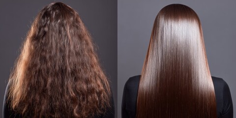 Hair transformation showcasing before and after results of a smoothing treatment on curly and frizzy hair