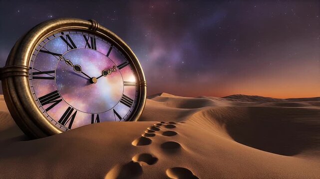 Surreal desert landscape with vintage clock face showing cosmic nebula, footprints leading to infinite time under starry sky