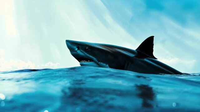 Shark jumping out of ocean under bright blue sky