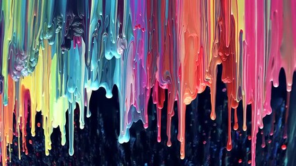 Colorful paint drips create an abstract art piece, showcasing vibrant hues against a dark backdrop