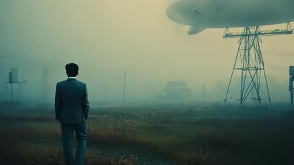 A man in a suit gazes at a mysterious airship hovering above a foggy landscape at dusk