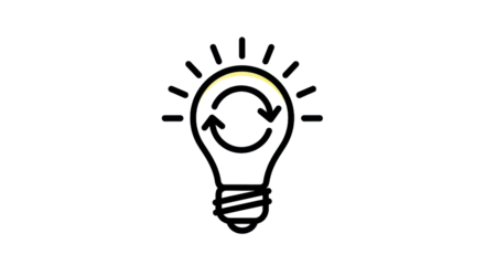 Glowing lightbulb icon with arrows indicating cycle and innovation on transparent background