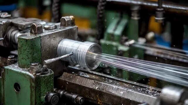Medium shot of industrial machinery applying a protective plastic coating to steel wire in a factory setting highlighting precision and automation.
