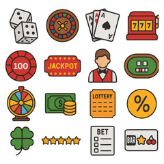 Casino Icons: Colorful illustrations depicting the excitement of the casino, with dice, roulette wheel, cards, and other symbols representing the world of chance and fortune.