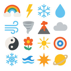 Fototapeta premium Colorful Weather and Nature Icons: A vibrant collection of weather and nature icons, each representing a unique aspect of the natural world, from a radiant rainbow to the serene drop of water.