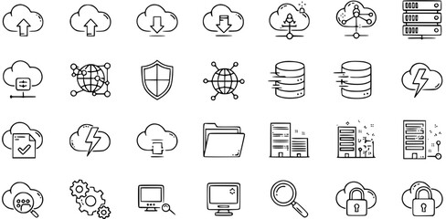 Cloud Computing Icons Set: Technology, Security, and Network Symbols for Digital Services (Line Art)