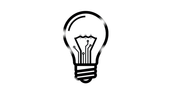 Metallic outline of a lightbulb with circuit board elements on transparent