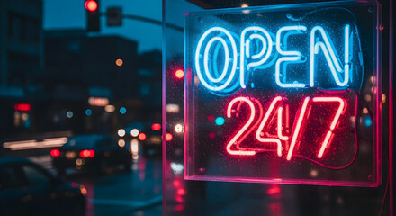 Vibrant Open 24-7 neon sign on a wet window urban night scene with blurred city traffic lights