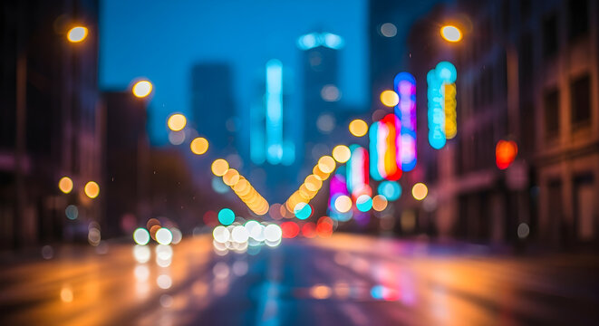 Dynamic night city street bokeh lights abstract background with vibrant urban reflections