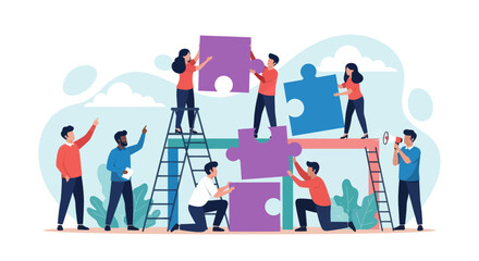 Business concept. Team collaborative Stacking Puzzle Blocks.
