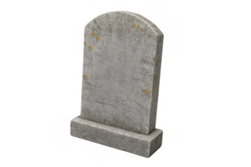 Gravestone standing on a base, old gray tombstone with weathered texture and moss, symbolizing death and memory on transparent background