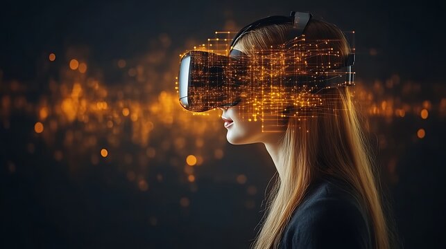 Side profile of a person wearing VR headset, digital overlay