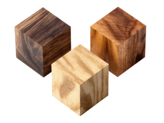 Three wooden cubes, various shades, arranged in a stylized triangle