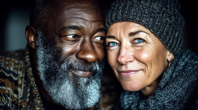 An affectionate close-up of an older Black man with a distinguished grey beard and a smiling white woman wearing winter clothing. - Powered by Adobe