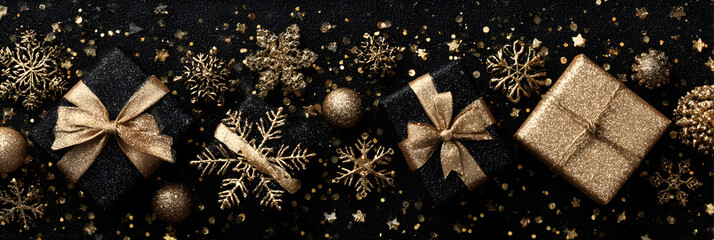 Christmas banner. Background Xmas design of sparkling lights garland, with realistic gifts box, black snowflake and glitter gold confetti. Horizontal christmas poster, greeting cards, headers, website