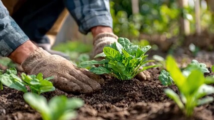 Closeup of a gardener carefully transplanting young seedlings by hand into rich soil demonstrating precise manual technique for healthy plant growth.