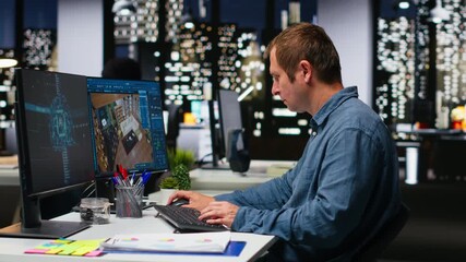 Diverse designers engineers using AI neural networks to create interior design of a new apartment building, architectural software for a floor plan at workstation. Dual monitors. Camera B. - Powered by Adobe