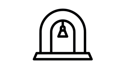 Outline illustration of a bell inside an arched structure on transparent backdrop