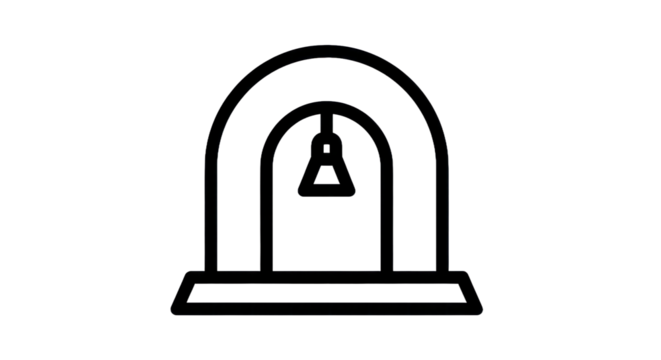 Outline illustration of a bell inside an arched structure on transparent backdrop