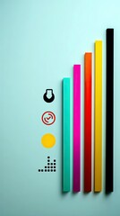 Obraz premium A bar chart graphic with colorful vertical bars and icons, symbolizing growth and data.