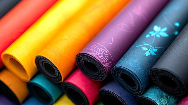 A collection of rolled yoga mats in various vibrant colors, some featuring decorative floral patterns.