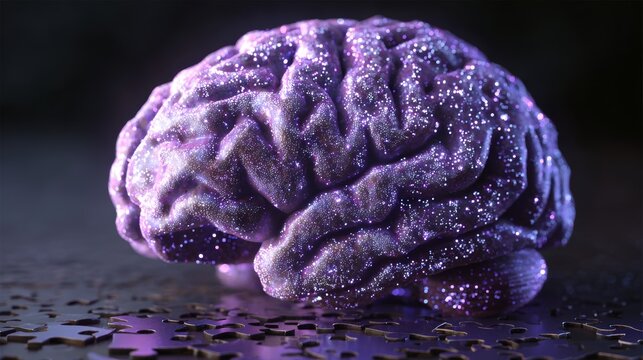 Colorful 3D brain sculpture surrounded by puzzle pieces in a dimly lit environment showcasing creativity and thought
