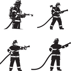 Firefighters in gear with hose and axe – bold black and white silhouette icons of emergency response and bravery