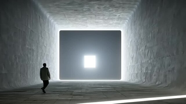 A solitary figure walking towards a glowing square in a minimalistic, illuminated corridor