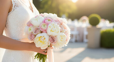 Bridal bouquet procurement for venue marketing and florist catalogs, usable for wedding planner proposals or e-commerce product listings during bridal fair expos with space for pricing and SKU tag