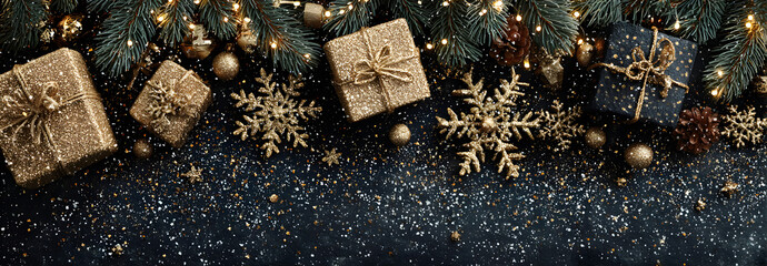 Christmas banner. Background Xmas design of sparkling lights garland, with realistic gifts box, black snowflake and glitter gold confetti. Horizontal christmas poster, greeting cards, headers, website